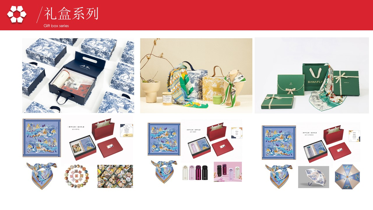 文创定制礼盒、文创丝巾系列、服饰、布包、抱枕、彩袜等数码文创产品